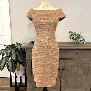 Ralph Lauren Gold Sequin Mesh Ruching Overlay Midi Cocktail | Dress Size 2